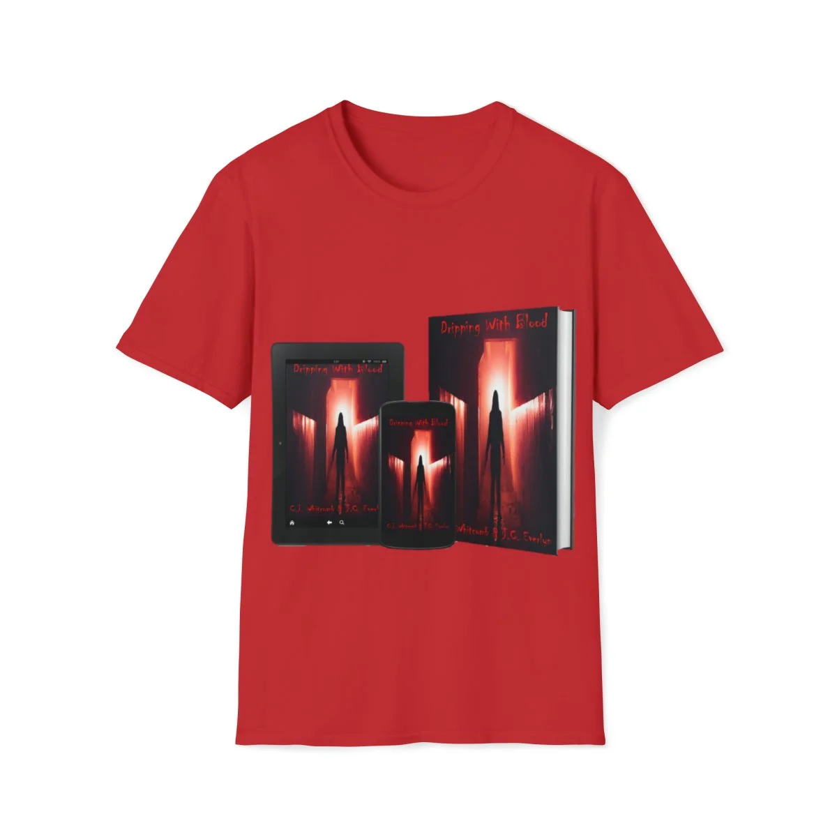 Red T-shirt with graphic design of a book cover titled "Dripping With Blood" showing a silhouette of a person in front of a red-lit corridor, displayed on a tablet, phone, and hardcover book.