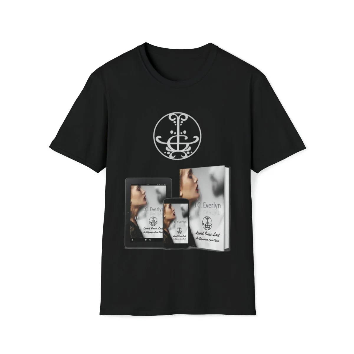 Black T-shirt with a design of a book, a tablet, and a phone displaying the same book cover featuring a woman's profile. The cover has the title 'Loved Ones Lost' and an author name 'J.C. Evelyn' with a circular emblem above.