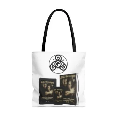 White tote bag with a black string handle and a circular black logo on the front. The bag has a clear plastic window showing several DVD covers inside.