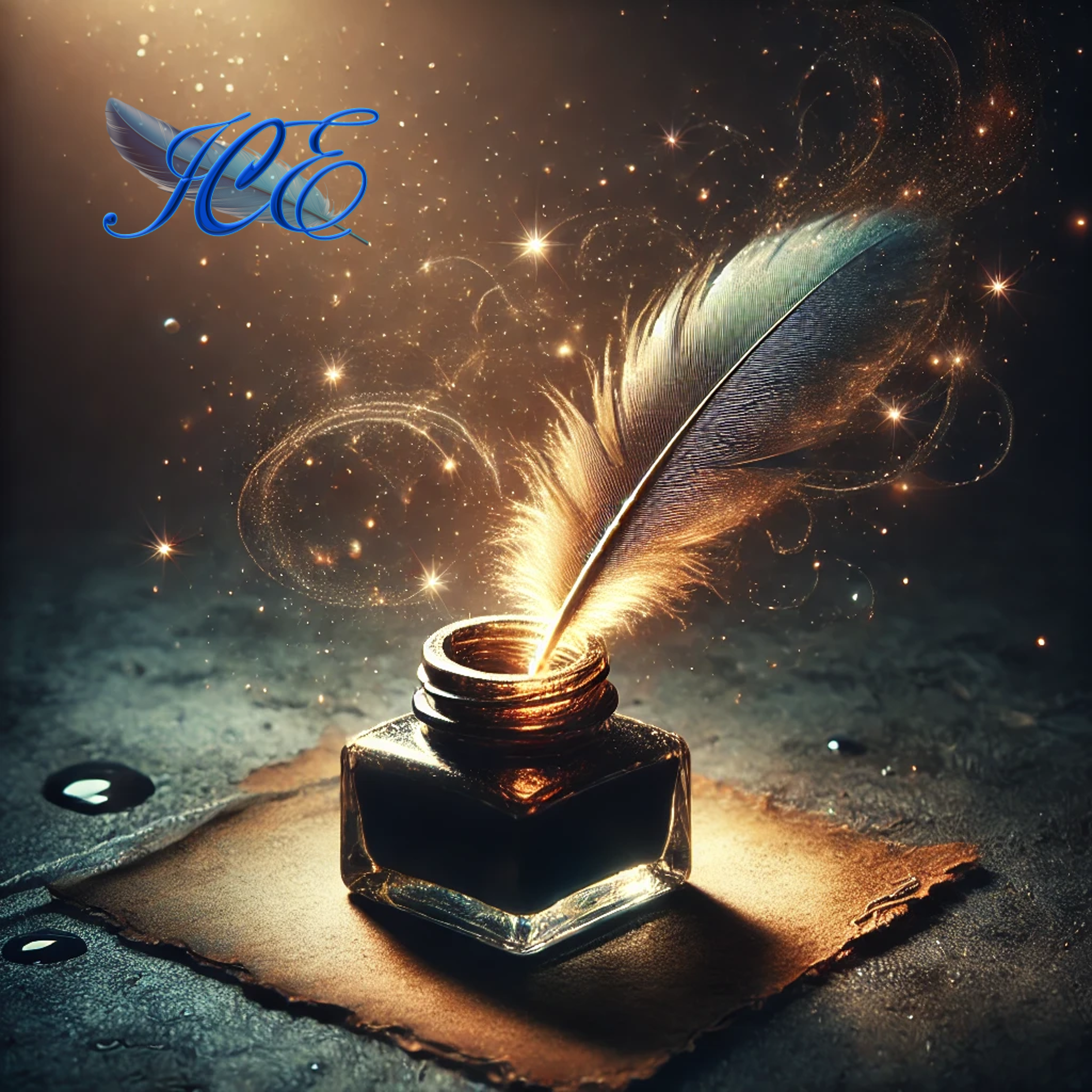 A glowing feather resting in an ink bottle with sparkles and light effects around it, and the letters 'JCE' in blue script with a feather graphic in the upper left corner.