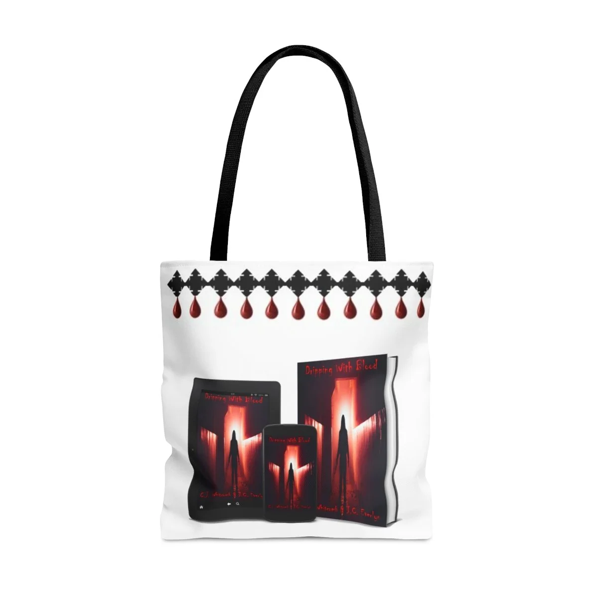 White tote bag with black handles featuring a horror-themed graphic of a book, a phone, and a tablet depicting a dark figure in a red-tinged corridor with blood drops along the top edge.