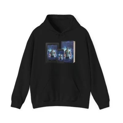Black hoodie with a graphic of multiple movie posters or covers on the front.