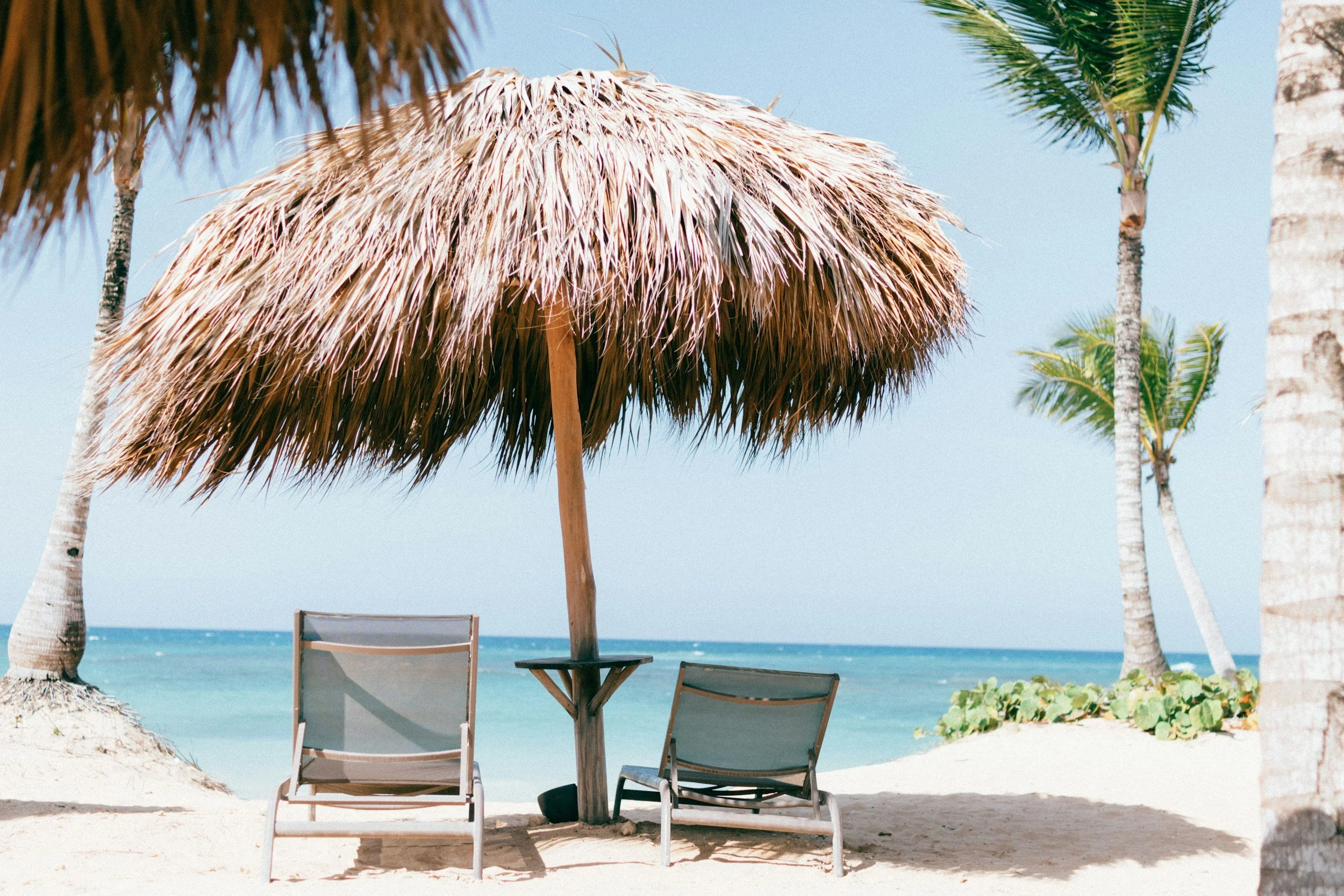 Empty beach chairs under a thatched umbrella on a sandy beach with palm trees and the ocean in the background.