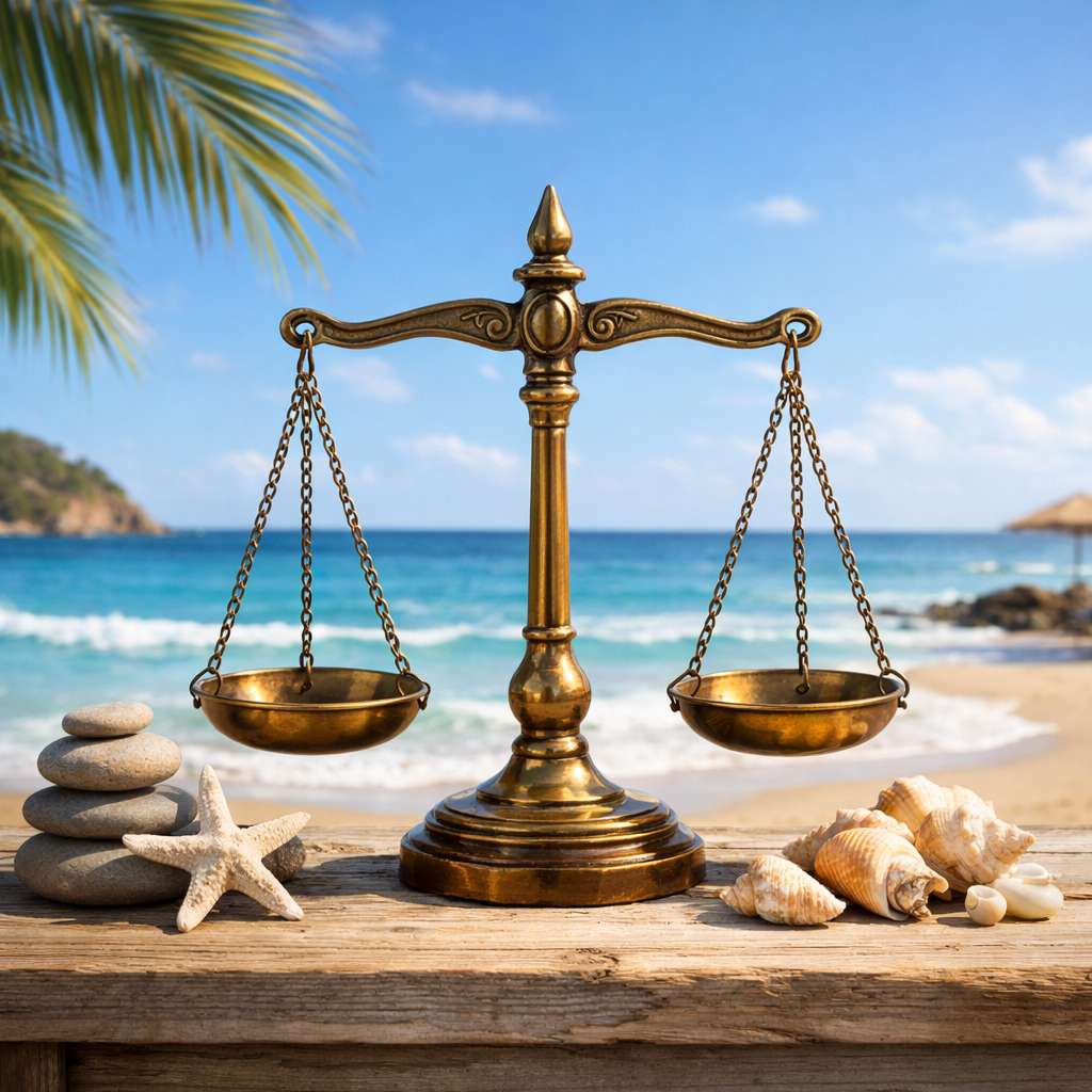 A brass balance scale on a wooden surface with seashells, a starfish, and stacked stones in front, against a beach backdrop with the ocean, sand, a palm tree, and a blue sky.
