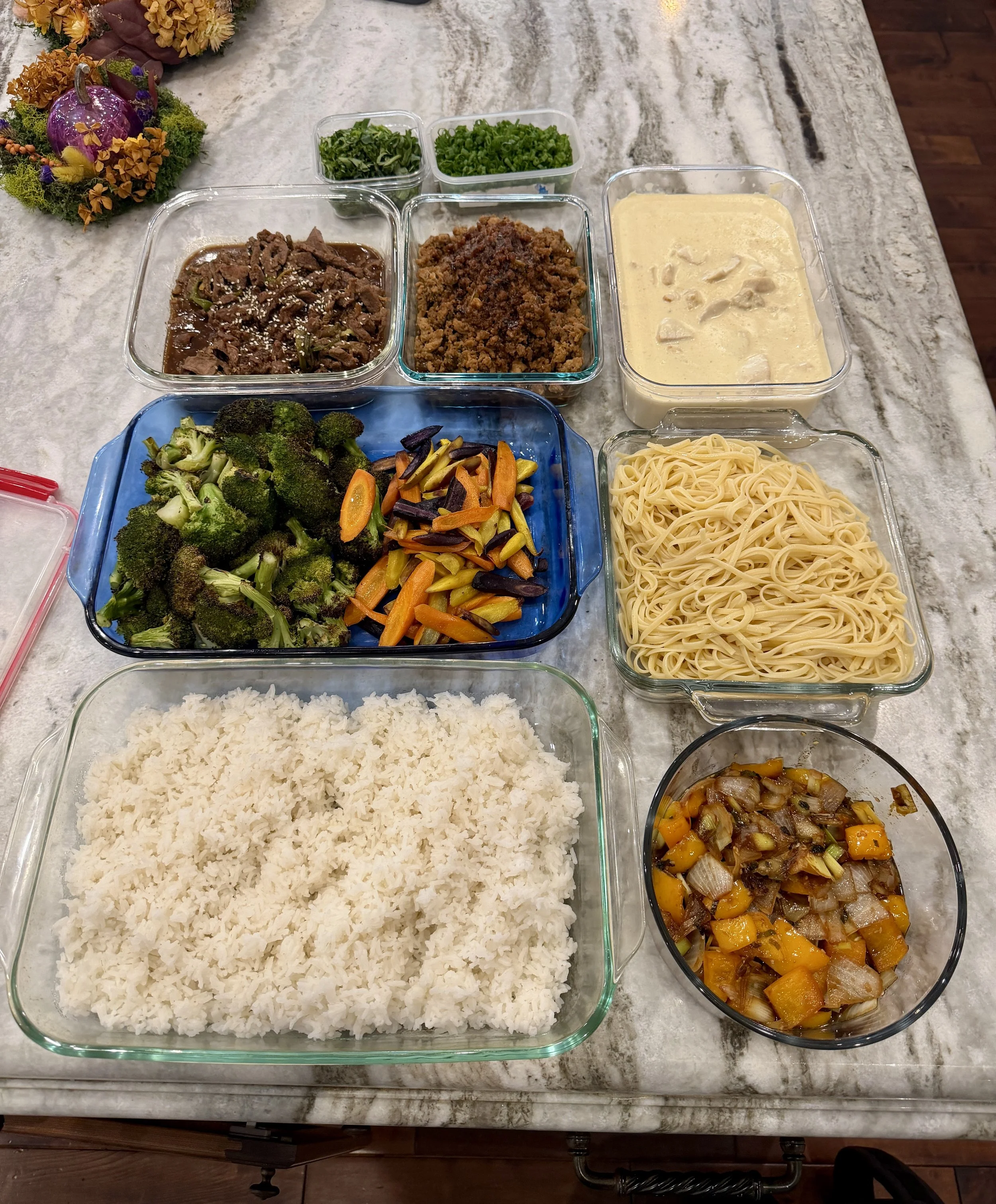 An array of containers on a kitchen counter holding cooked rice, steamed broccoli and carrot, sautéed vegetables, ground beef with sauce, shredded chicken with creamy sauce, cooked spaghetti, and a bowl of roasted vegetables.