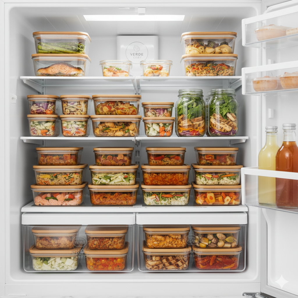 Inside a refrigerator, multiple glass containers with food are organized on shelves, including salads, cooked vegetables, and other prepared meals.