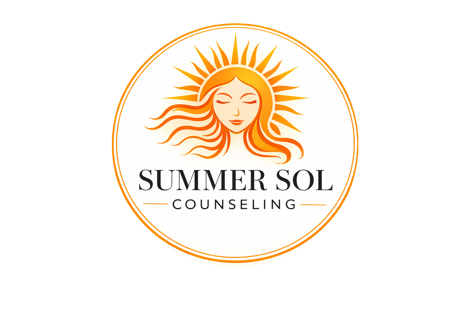 Logo: Smiling woman with eyes closed peacefully and meditatively with the suns rays radiating from her mind and the wind blowing her hair. Text below says "Summer Sol Counseling"