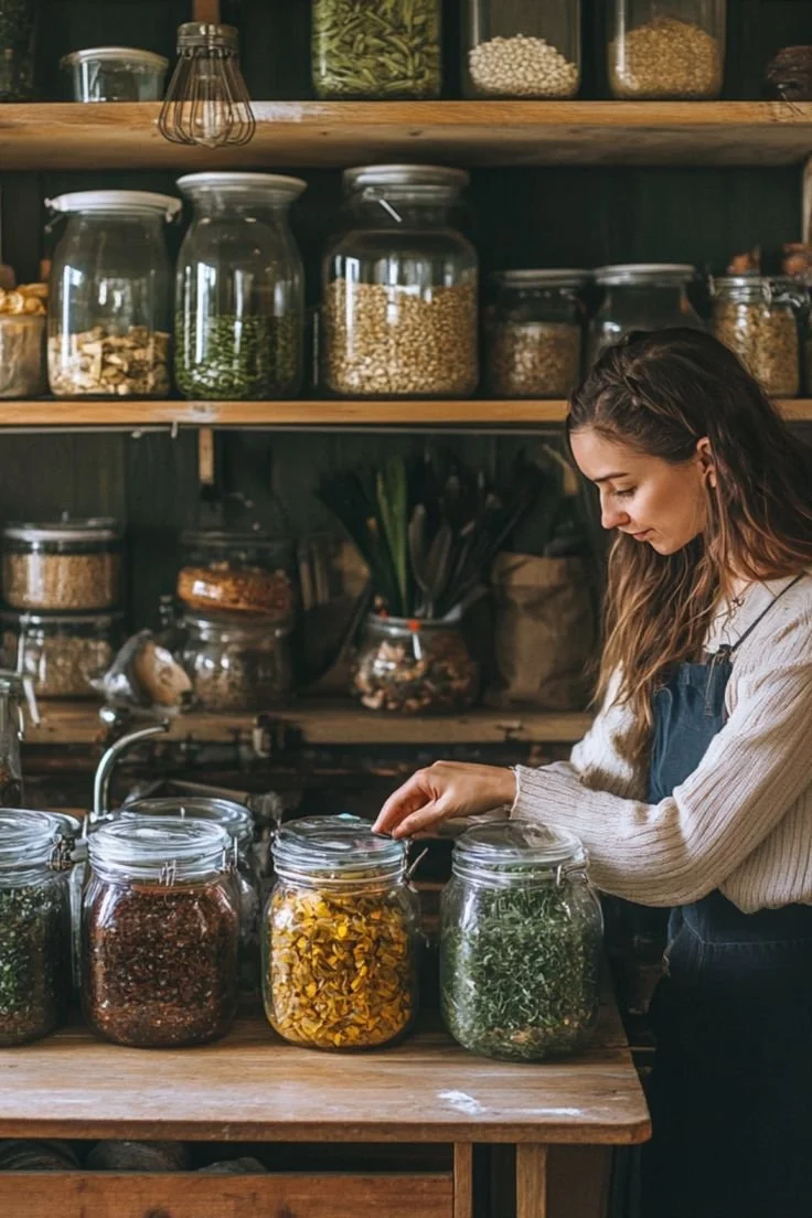 Woman organizing jars filled with herbs and seeds on wooden shelves in a rustic kitchen.