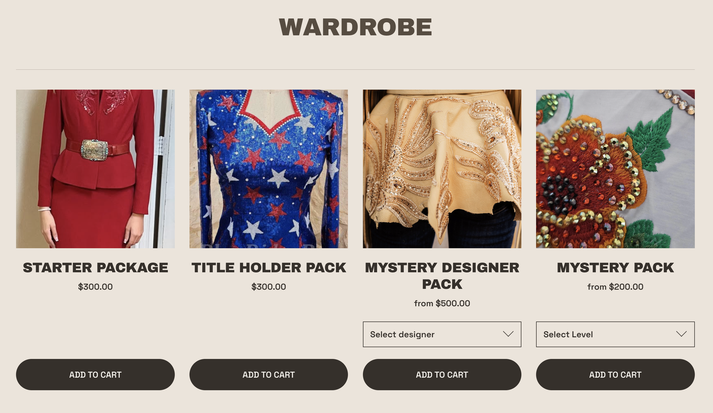 Online clothing store featuring four clothing packages: starter package with a red suit, patriotic-themed title holder pack, beige designer pack with embroidery, and embroidered floral pack; each with an add to cart button.