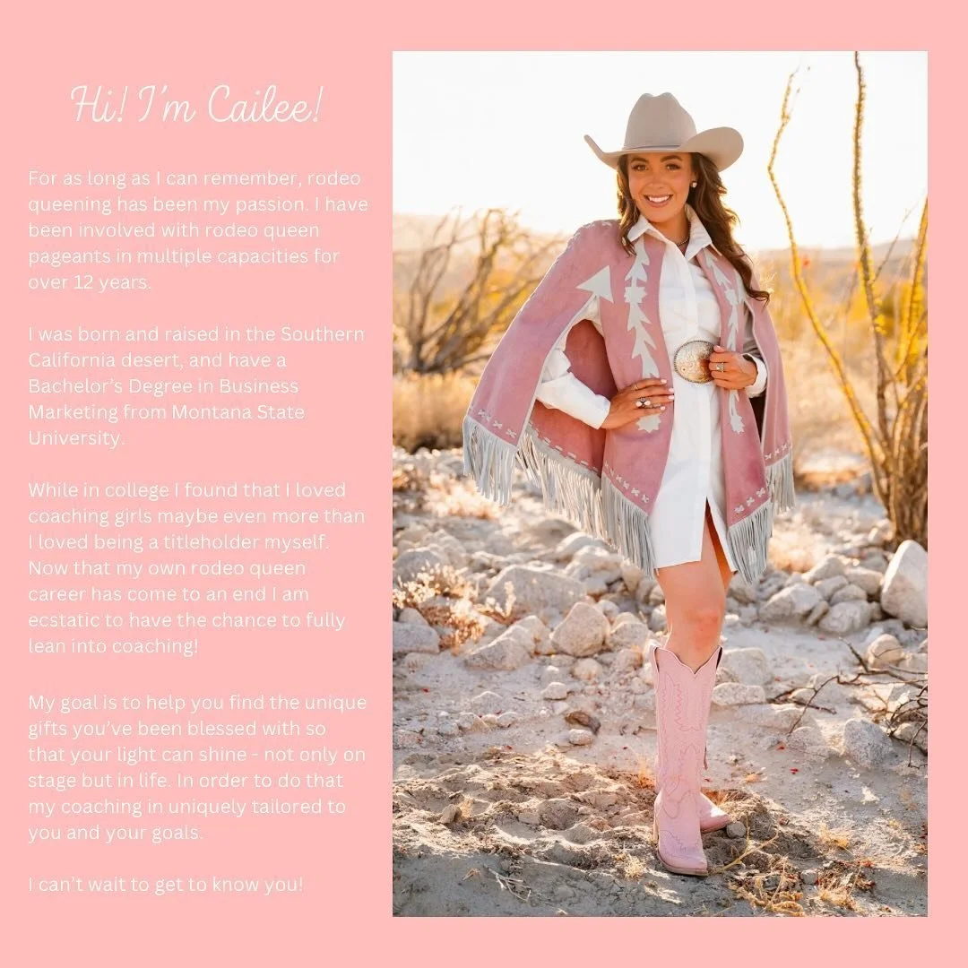 A woman dressed in rodeo attire, including a large white cowboy hat, white shirt, pink rodeo cape with white decorative patterns and fringe, pink cowboy boots, and a large belt buckle, standing outdoors in a desert landscape with cacti and rocks.