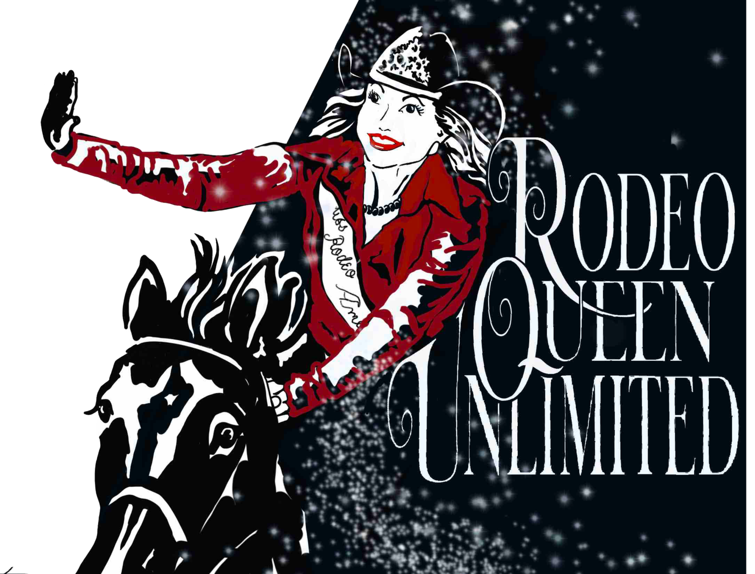Illustration of a woman on a horse, wearing a cowboy hat with sparkles, and the text 'Rodeo Queen Unimited' on a dark background.