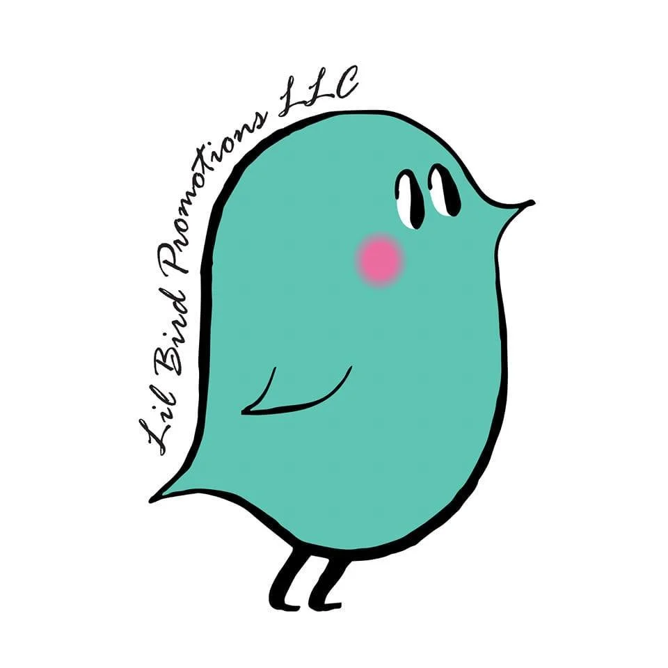 Cartoon blue bird with pink cheeks and black legs, featuring hand-drawn text "Lieb Badge Promotions LLC" around it.