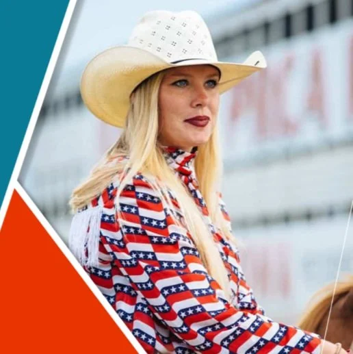 A woman with blonde hair wearing a cowboy hat and an American flag-themed jacket.