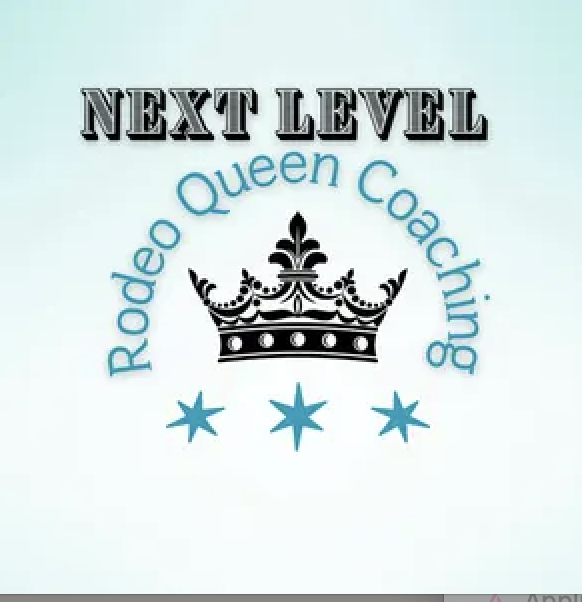 Text reading 'NEXT LEVEL Rodeo Queen Coaching' with a black crown graphic and three blue stars beneath it.