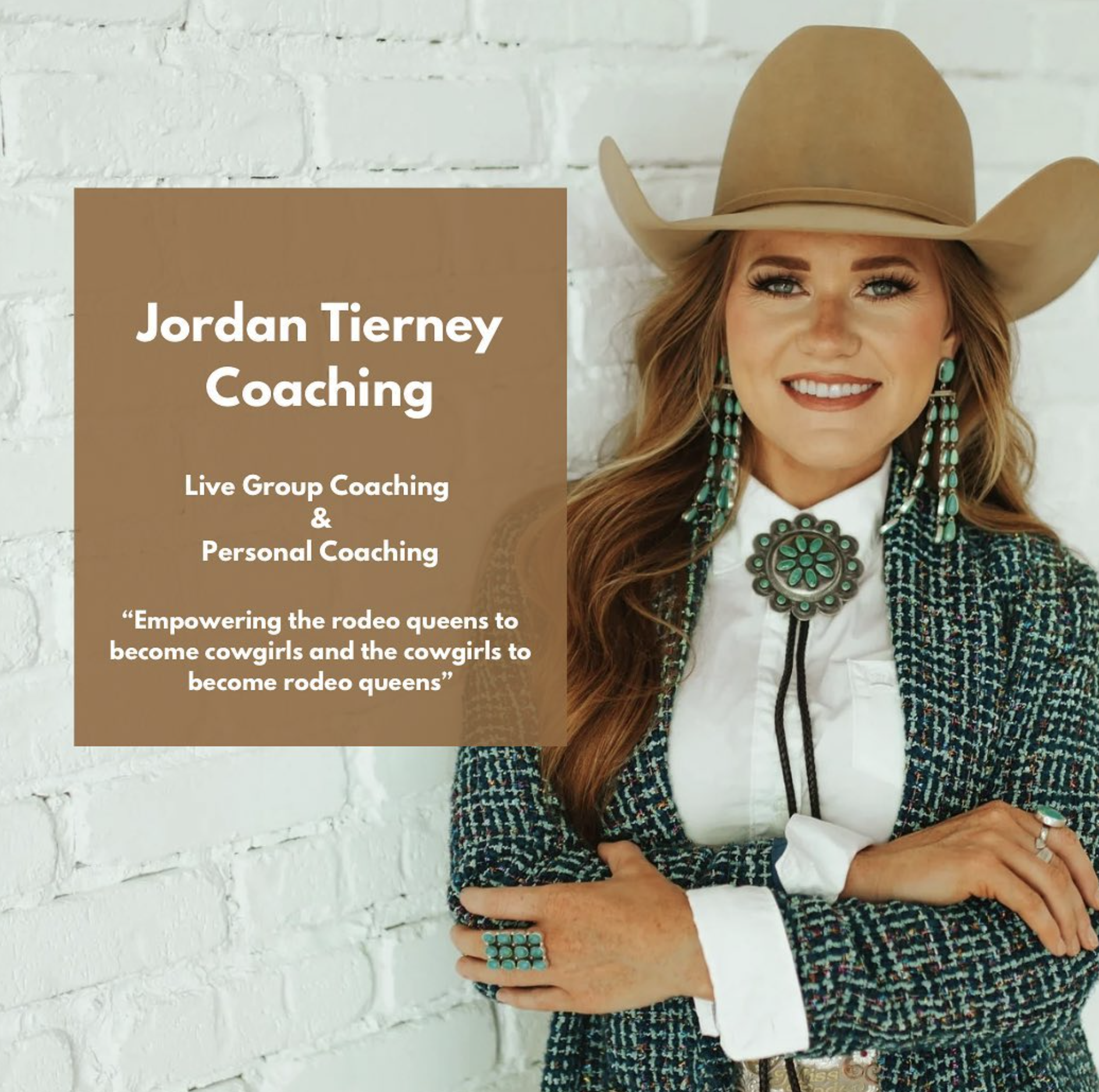 A woman wearing a tan cowboy hat, turquoise jewelry, and a patterned jacket, standing in front of a white brick wall, smiling for the photo.