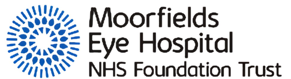 Logo of Moorfields Eye Hospital NHS Foundation Trust with a stylized blue eye comprised of multiple shapes and a clock face inside.