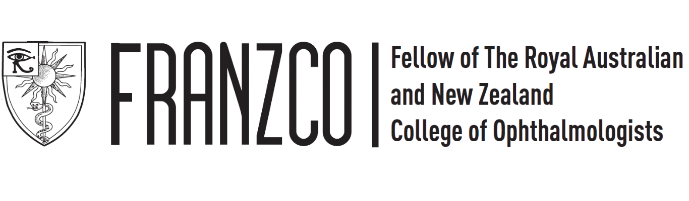 Fellow of The Royal Australian and New Zealand College of Ophthalmologists logo with text stating 'FRANZCO' and 'Fellow of The Royal Australian and New Zealand College of Ophthalmologists'.