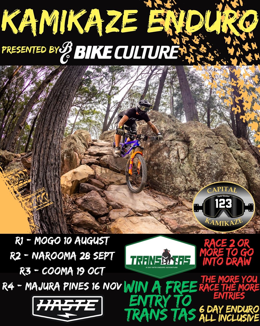 🏁🚨 The New Season is HERE! 🚨🏁
Kamikaze Enduro presented by @bikeculturecanberra is back &mdash; fast, rowdy, and sharper than ever 💥
But this year, we&rsquo;re mixing it up with fresh locations and epic trails. Lock in the dates! 👇

📍 Round 1 