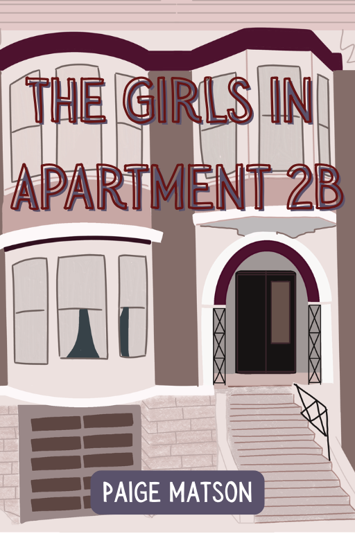 An illustration of an apartment building with a door, windows, stairs, and a sign reading "The Girls in Apartment 2B."