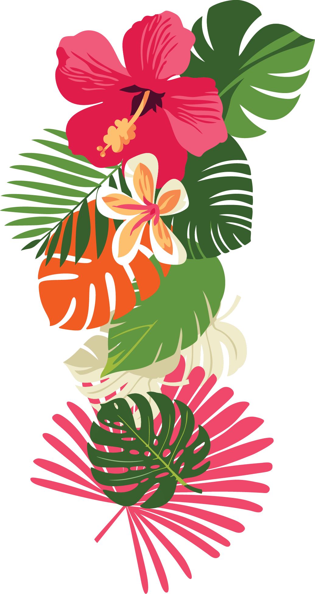 Illustration of tropical flowers and leaves, including a pink hibiscus, a white and orange plumeria, and various green monstera and palm leaves, arranged vertically.