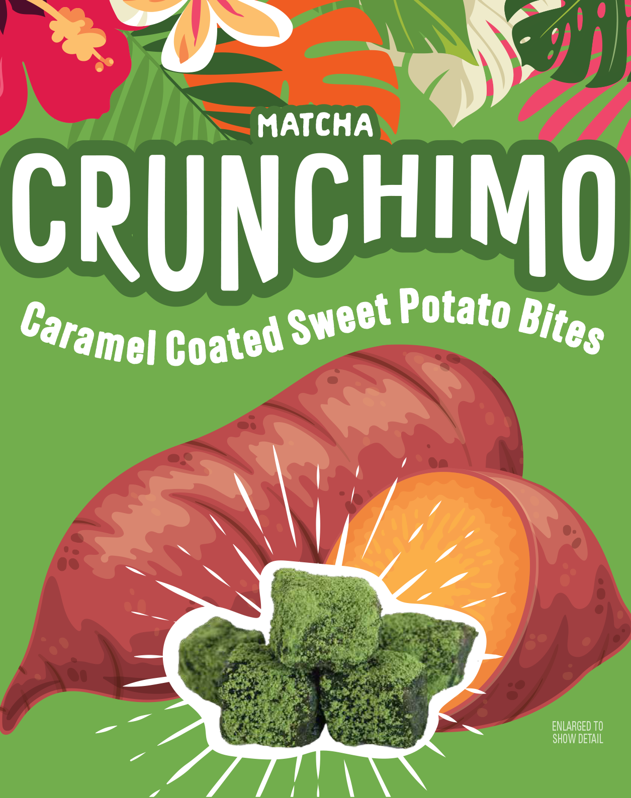 Front of a package of Matcha Crunchimo caramel coated sweet potato bites with illustrations of a sweet potato, leaves, and flowers on a green background.