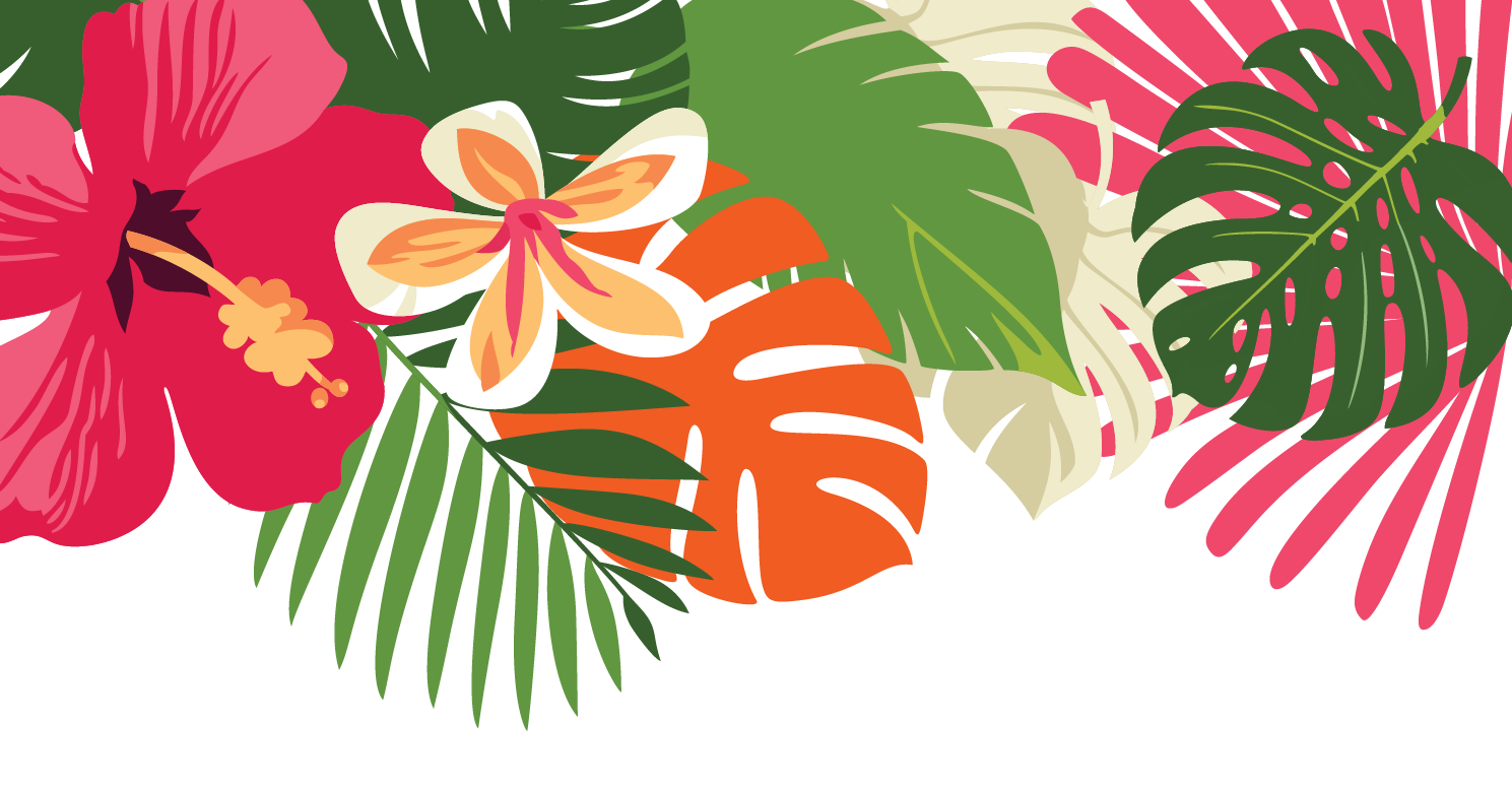 Colorful tropical illustration with a large pink hibiscus flower, a white and orange plumeria flower, green and pink monstera and palm leaves, and an orange monstera leaf.
