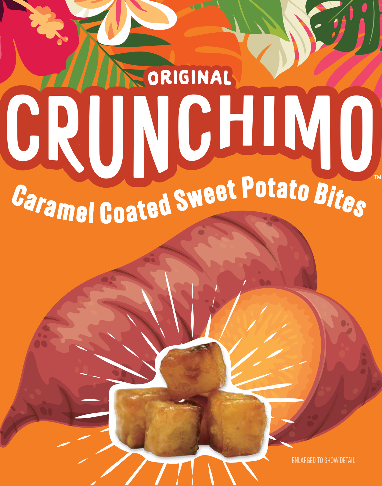 Front of a package of Original Crunchimo caramel coated sweet potato bites with illustrations of a sweet potato, leaves, and flowers on an orange background.