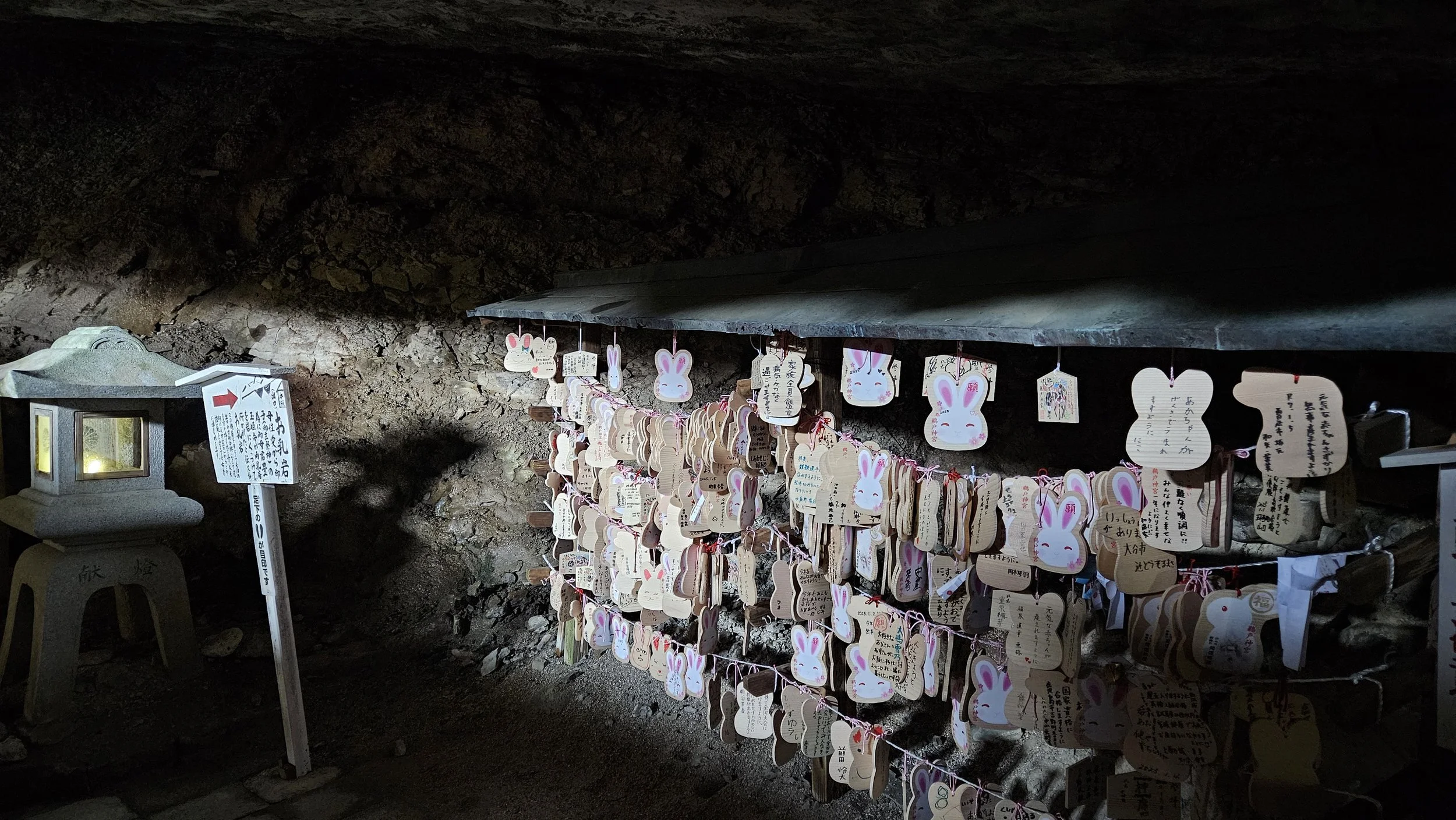 Wooden prayer plaques hanging on strings inside a rocky cave, many plaques feature bunny illustrations and handwritten messages in Japanese.