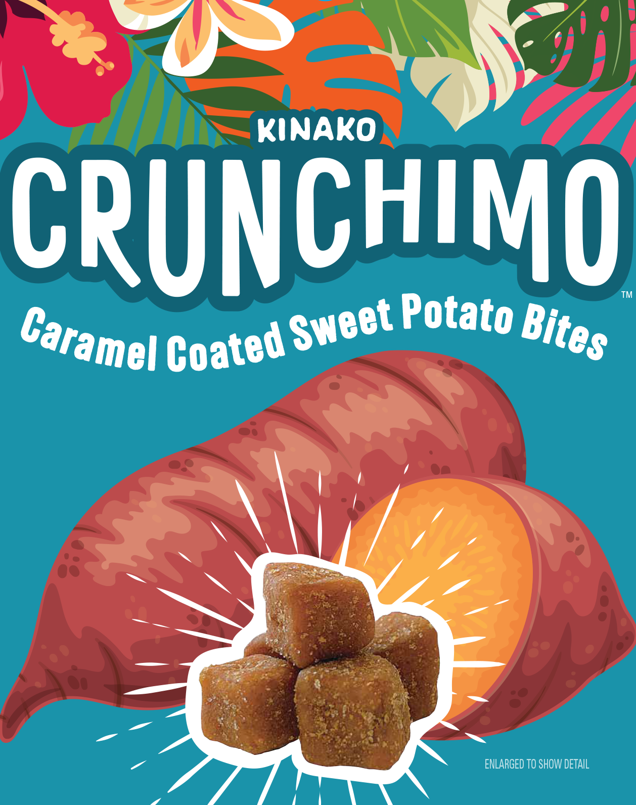 Front of a package of Kinako Crunchimo caramel coated sweet potato bites with illustrations of a sweet potato, leaves, and flowers on a blue background.