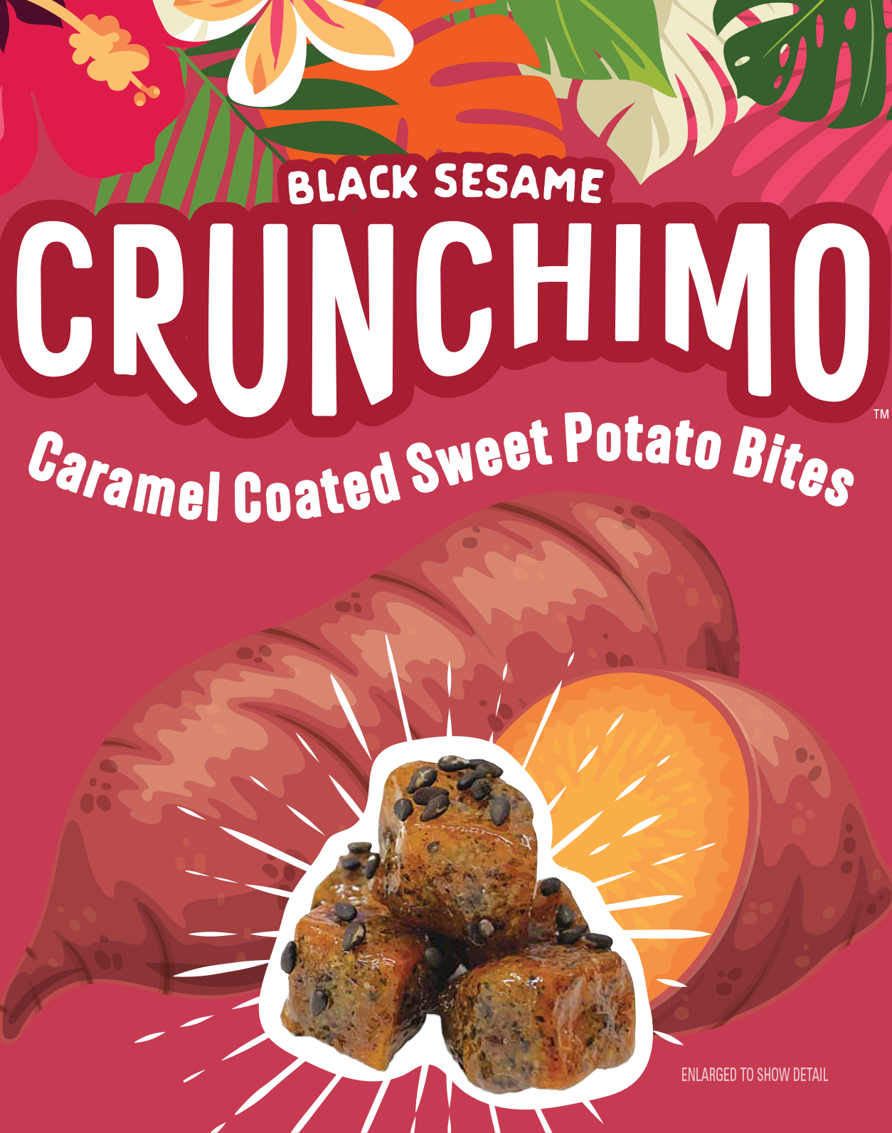 Front of a package of Black Sesame Crunchimo caramel coated sweet potato bites with illustrations of a sweet potato, leaves, and flowers on a maroon background.