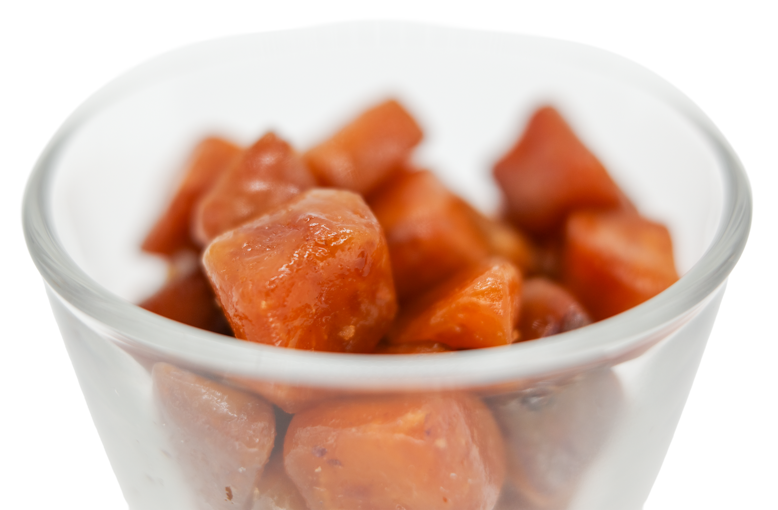 Close-up of sweet potato chunks in a glass jar