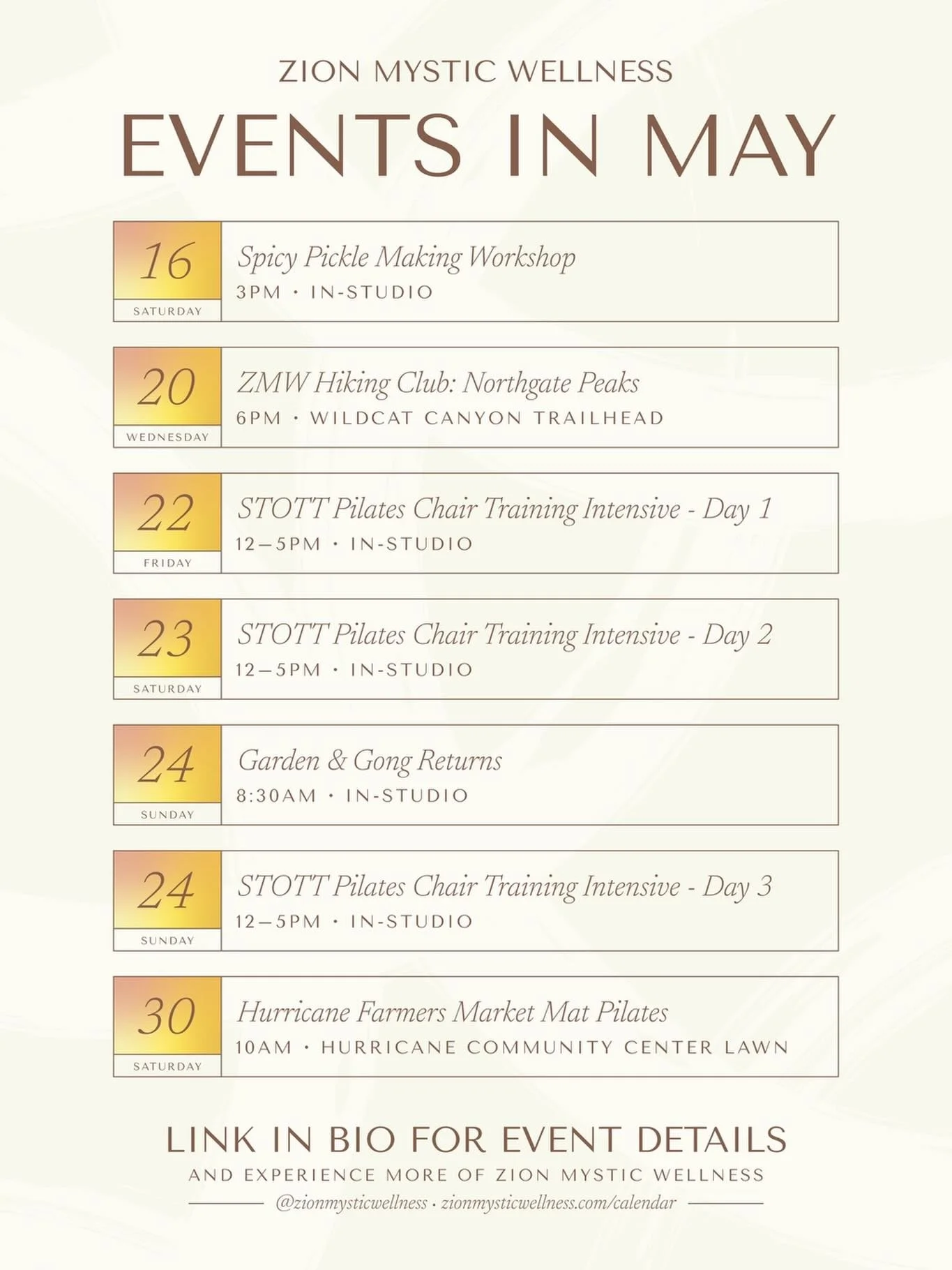 We planned this month for you. Whether you want to sweat, slow down, learn something new, or just be around good people, there&rsquo;s a spot for you in May.

We&rsquo;re hiking Northgate Peaks, making spicy pickles, bringing back Garden &amp; Gong, 