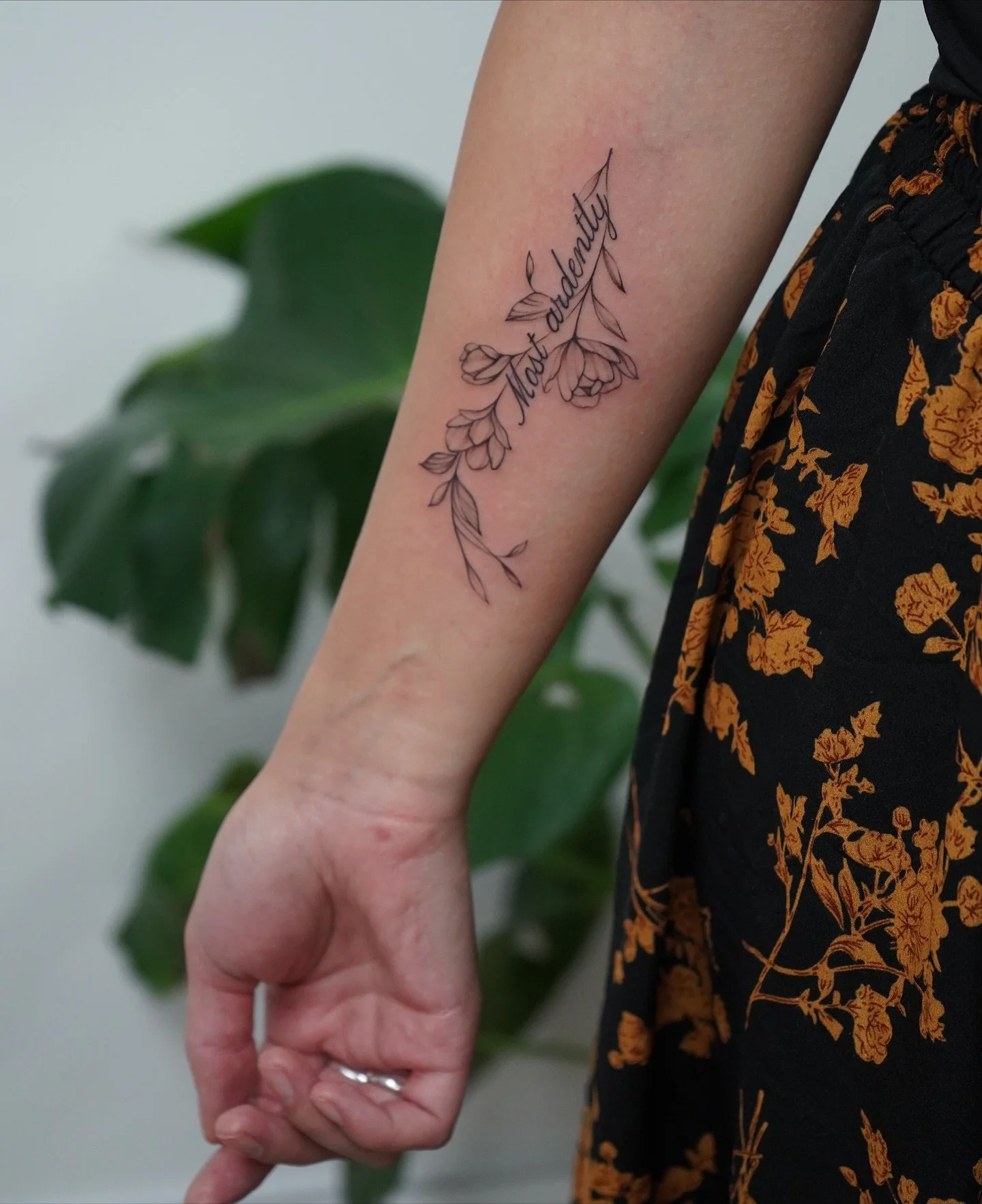 Most ardently&rsquo; &mdash; a love that lasts, just like good ink. ✨

#MorningGloryTattoo #FineLineTattoo #DelicateTattoo #FloralTattoo #ScriptTattoo #TattooStudio #TattooArtist #TattooInspo #ConnecticutTattoo #NewEnglandTattoo #TattooDesign #Tattoo