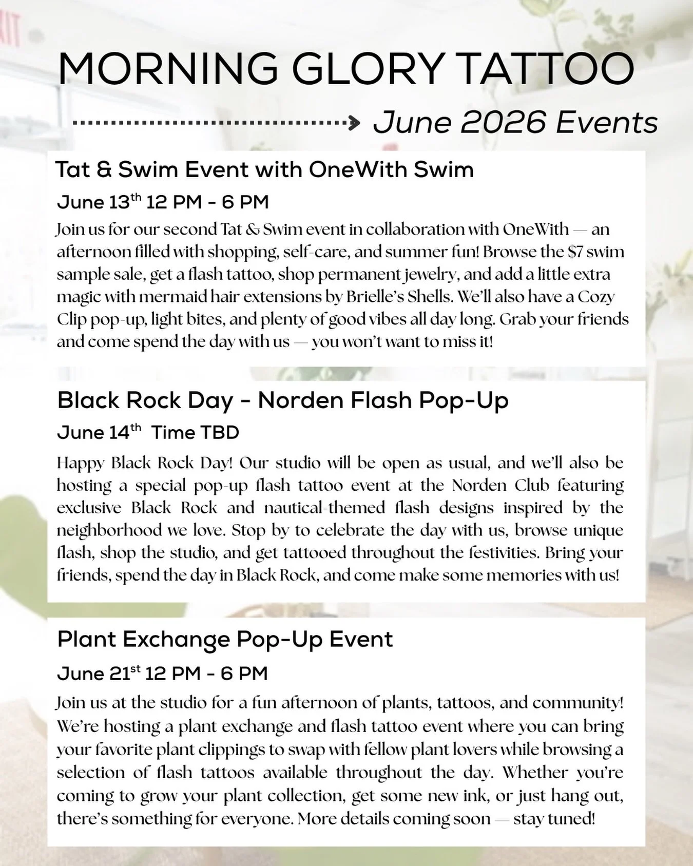 June is looking real good around here 🌿☀️

We&rsquo;ve got a full month of events at Morning Glory Tattoo &mdash; from our Tat &amp; Swim collab, to Black Rock Day festivities, to a plant exchange pop-up at the studio 🌊🪴✨

We&rsquo;re especially e