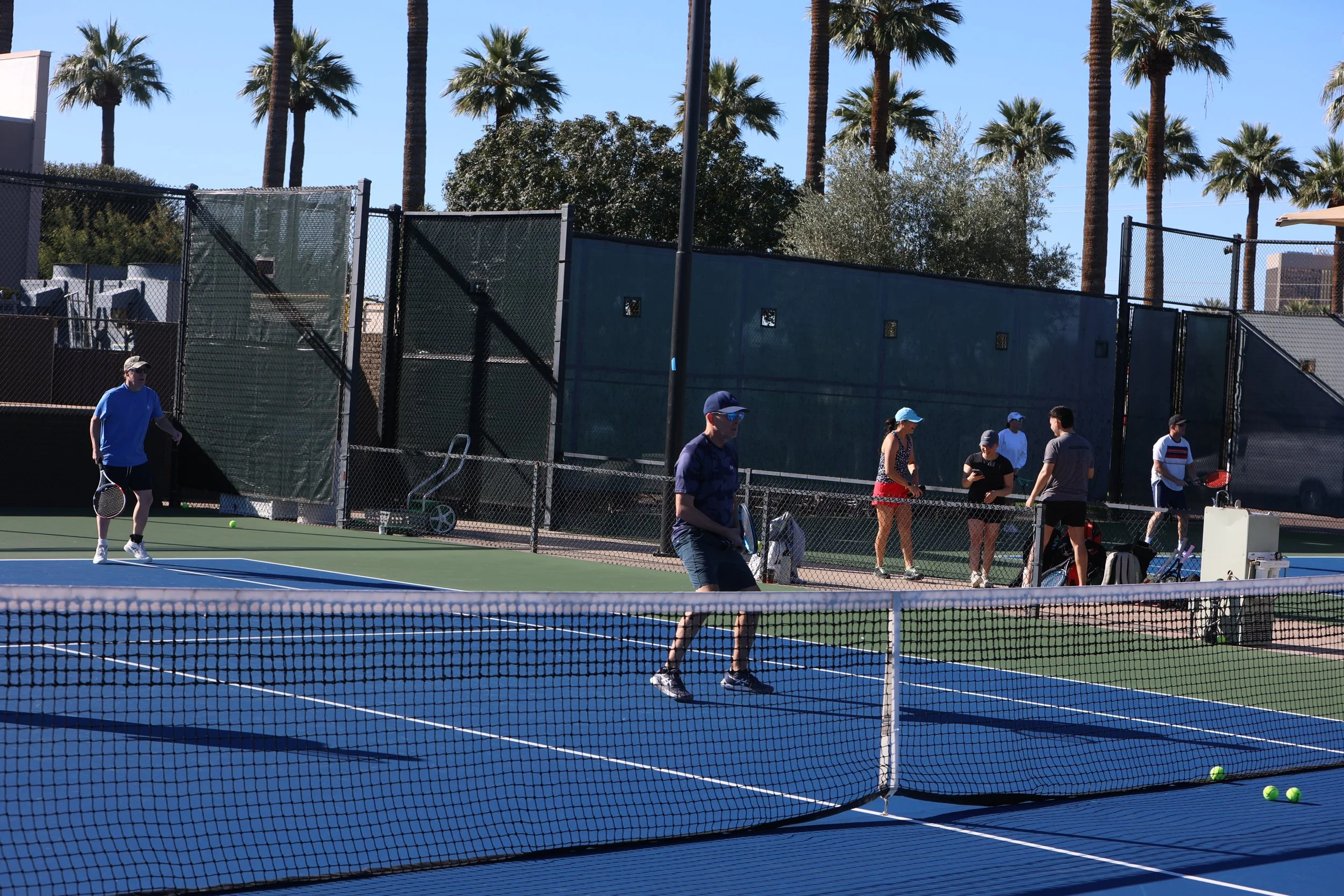 People playing tennis on a blue court surrounded by palm trees on a sunny day.
