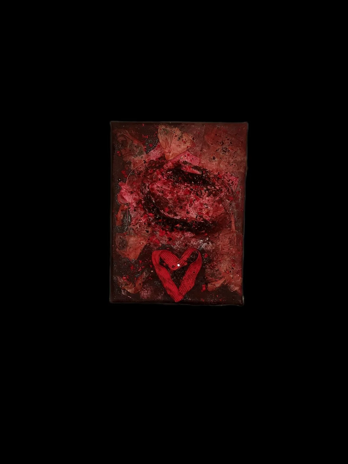 Abstract painting with a red heart on a dark textured background