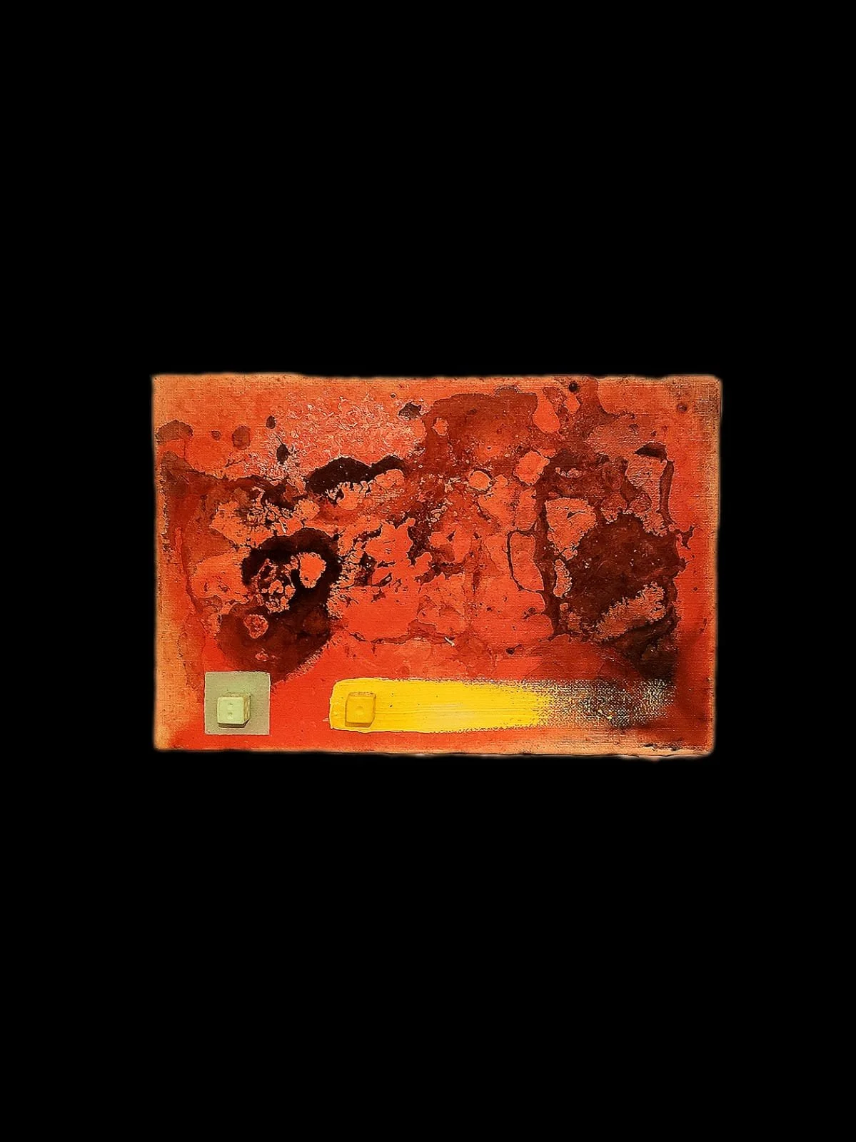 Abstract artwork with reddish-brown and orange textures on a black background, featuring two square elements, one green and one yellow.