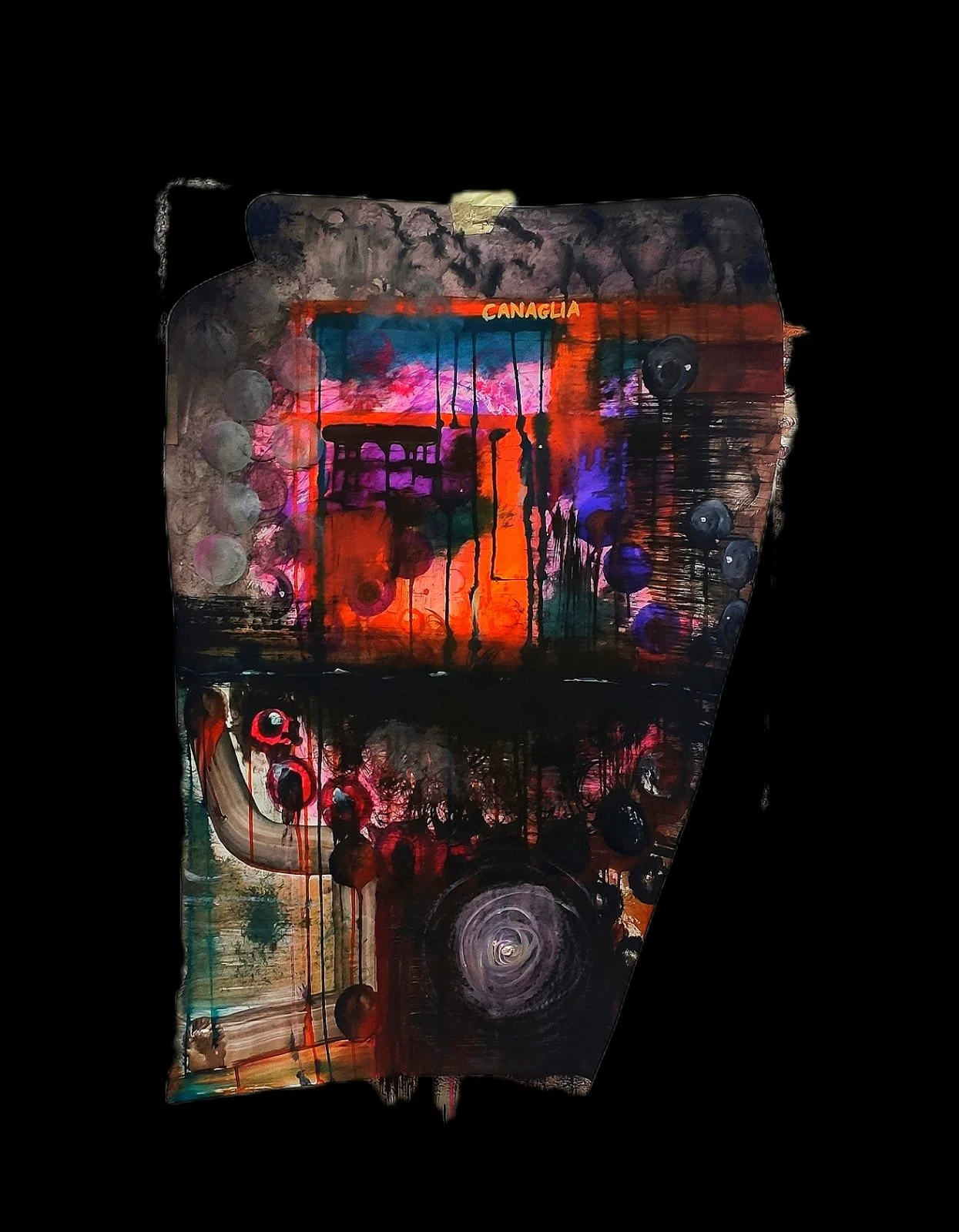 Abstract painting with vibrant colors and geometric patterns, dark background