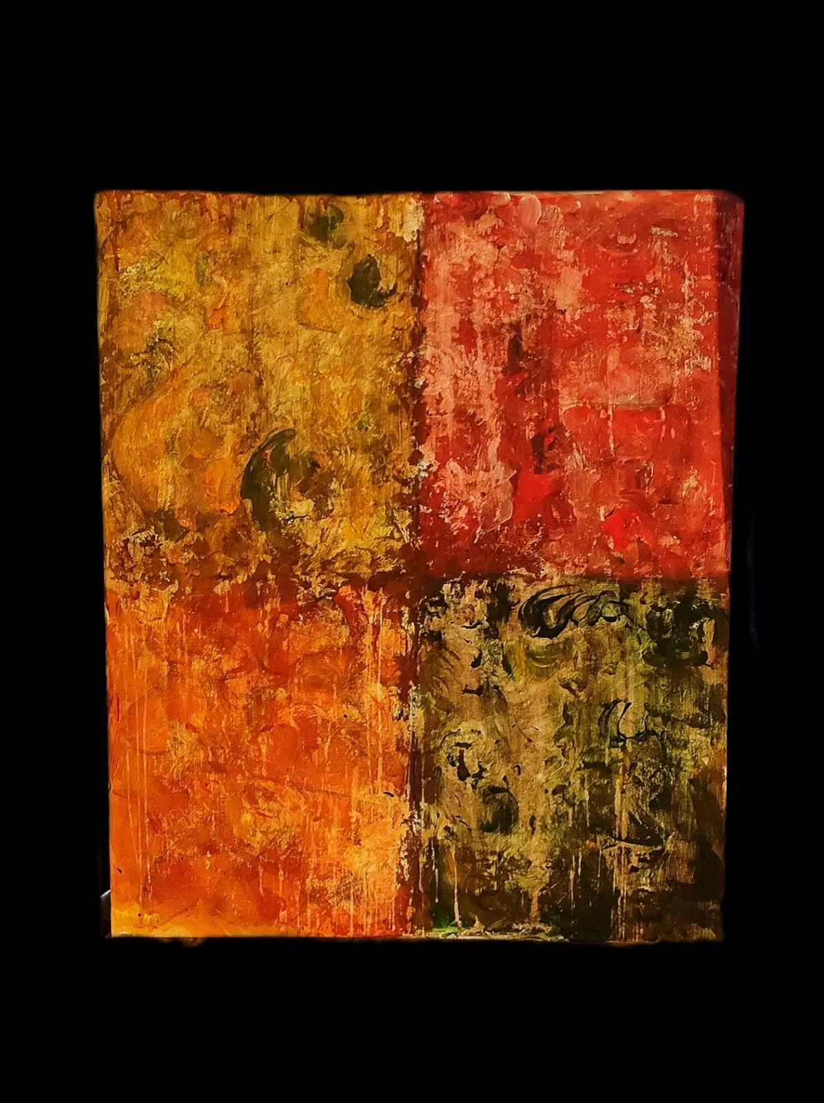 Abstract painting with red, orange, yellow, and green squares on black background.