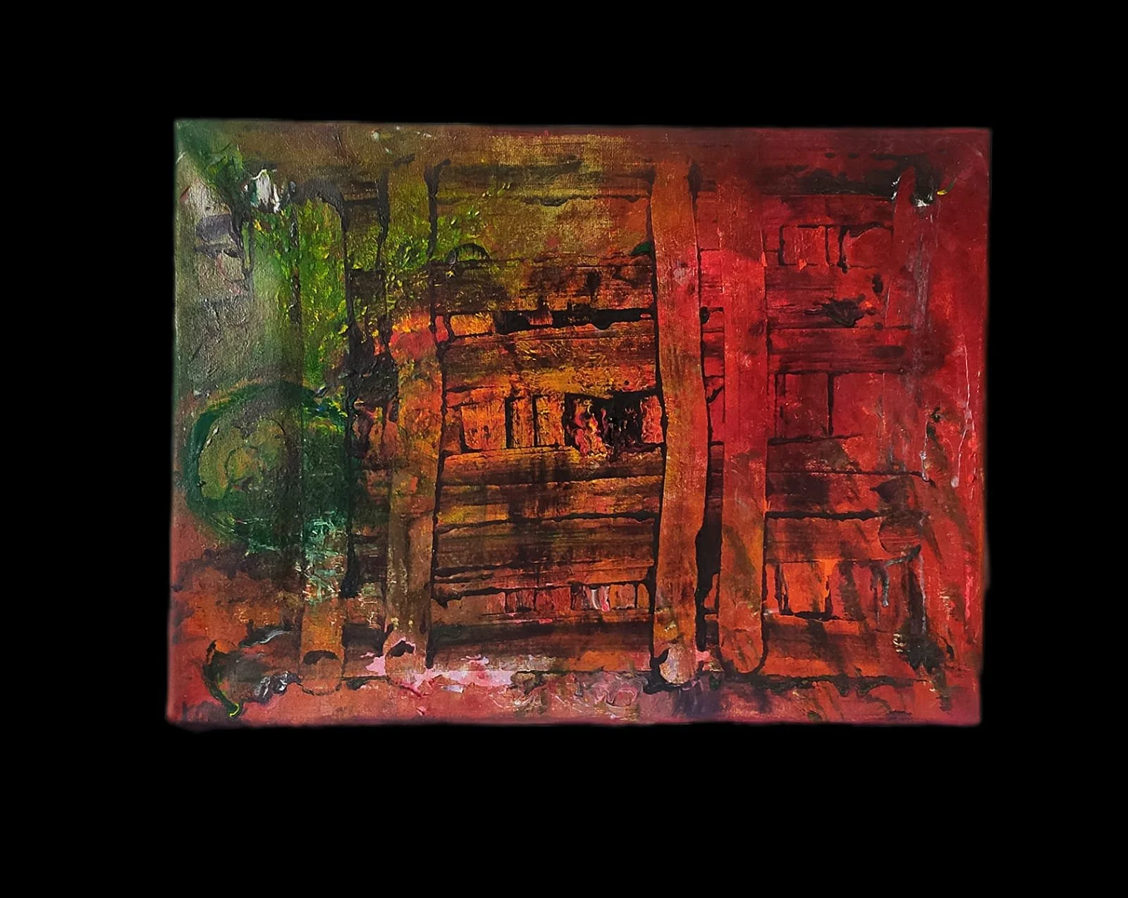 Abstract painting with red and green colors, featuring rectangular patterns and brush strokes on a black background.