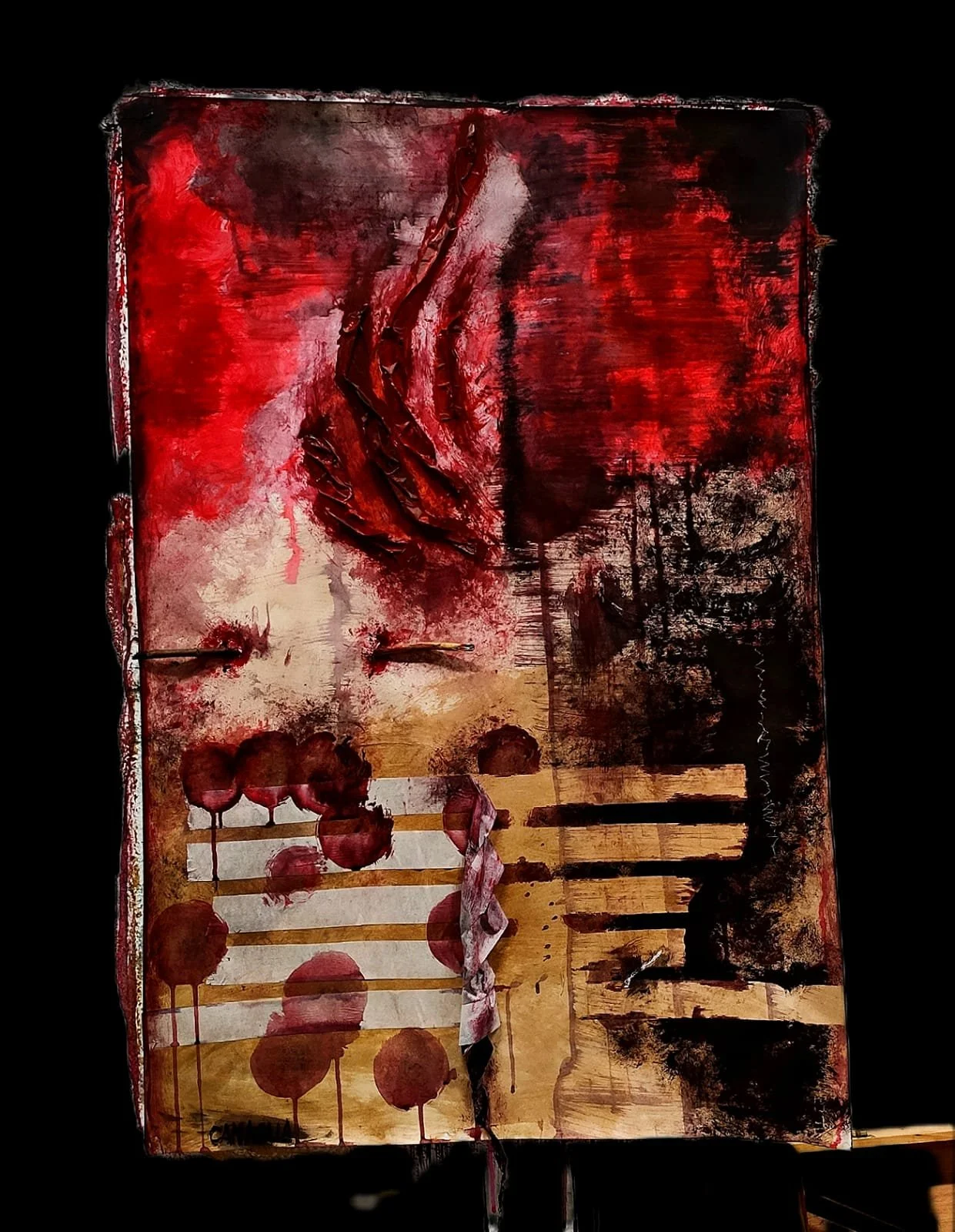 Abstract painting with red, black, and beige tones, featuring vertical stripes and circular shapes.
