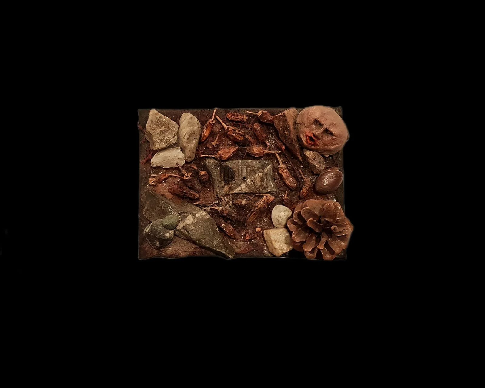 A dark composition featuring a variety of natural objects such as stones, pinecones, and wood fragments arranged together. There is also a clay face with a mouth visible among the items.