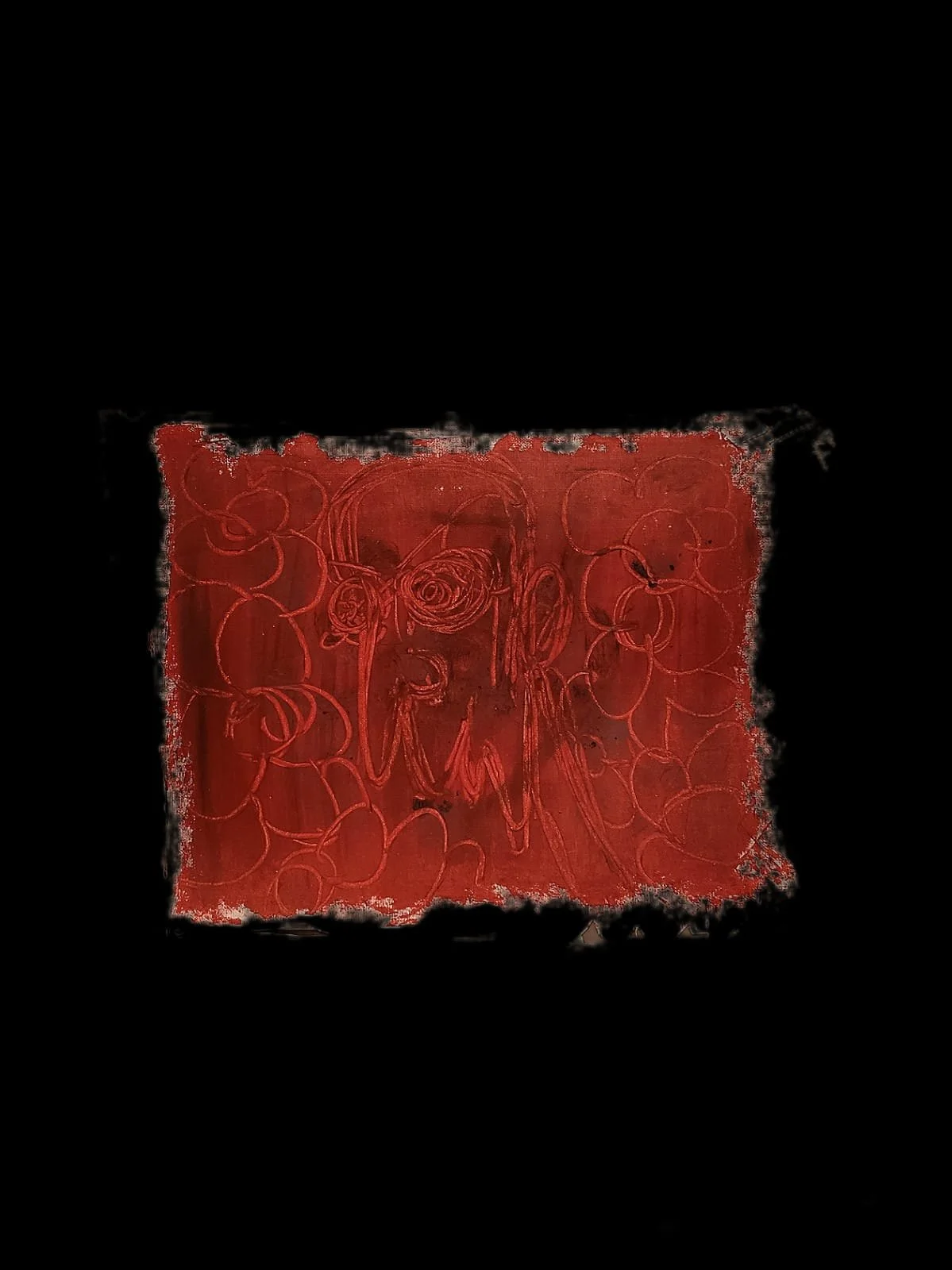 Abstract red painting with intricate line patterns