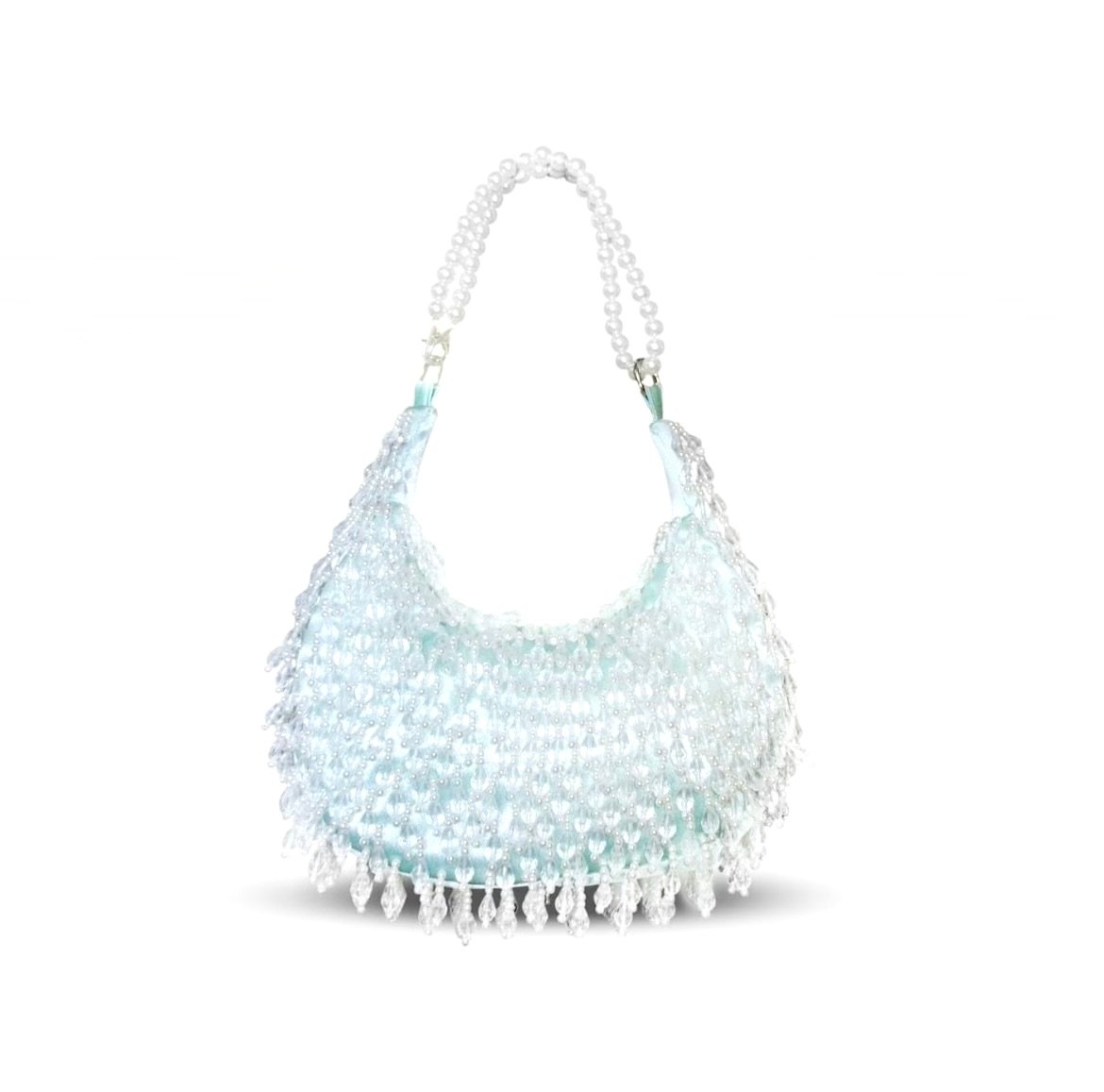 A white beaded handbag with pearl strap and intricate beaded details, resembling a small purse or clutch.