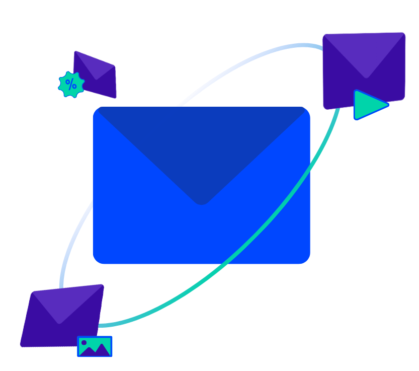 Digital illustration of an email envelope with connecting lines to smaller icons representing email, images, and percentage discount.