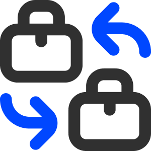 Two black briefcases with curved blue arrows indicating a return or exchange process.