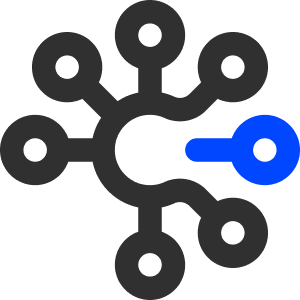 A digital illustration of a network or molecular structure with connected nodes, featuring one blue node among black nodes.