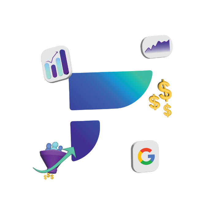 Digital marketing concept illustration featuring colorful graphs, a funnel, dollar symbols, and the Google logo, symbolizing analytics and revenue growth.