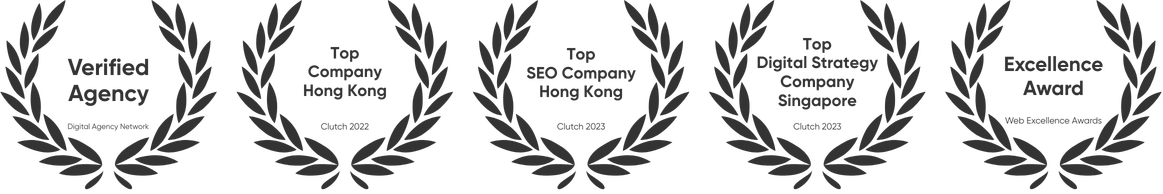 Six laurel wreaths with awards and titles including Verified Agency, Top Company Hong Kong, Top SEO Company Hong Kong, Top Digital Strategy Company Singapore, and Excellence Award.