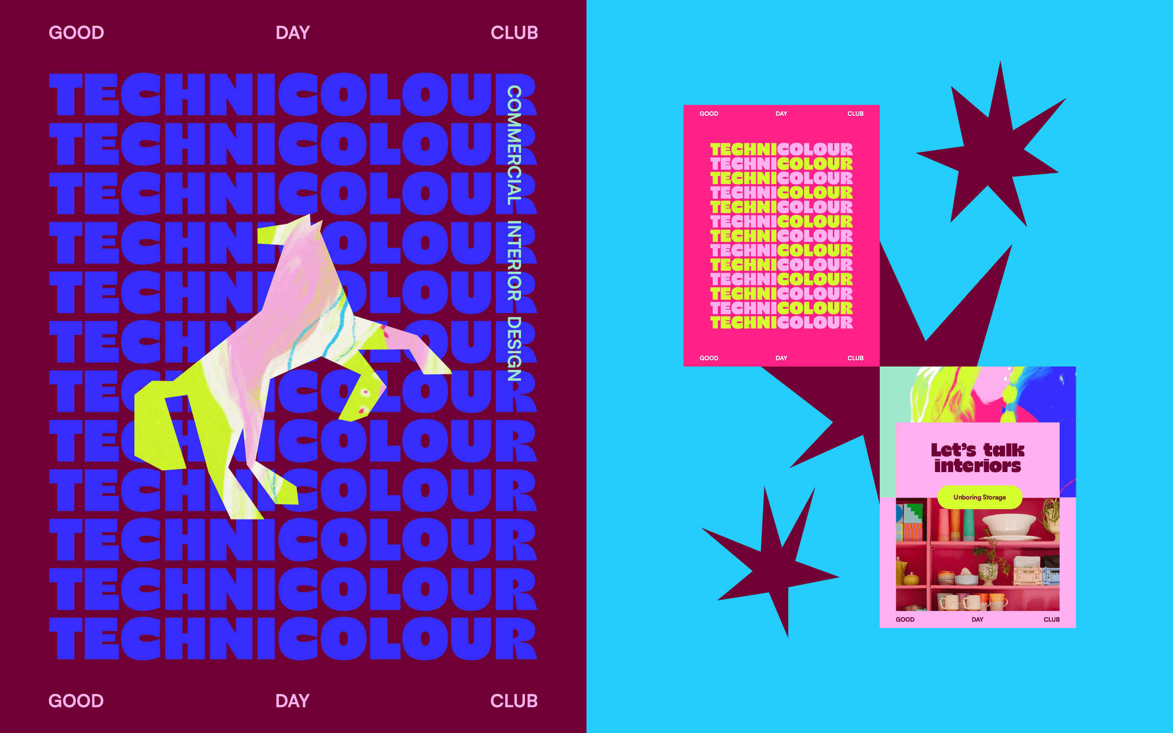 Poster layout for a commercial interior design studio, featuring a repeated "Technicolour" wordmark with a horse illustration, alongside smaller posters with star shapes and a shelving photograph.